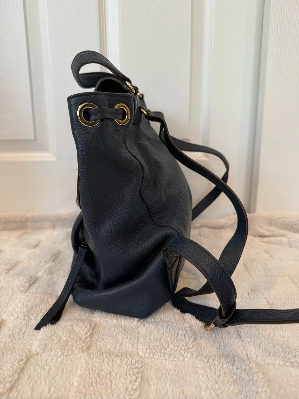 Michael Kors Navy Leather Backpack with Geometric Light Blue Flap